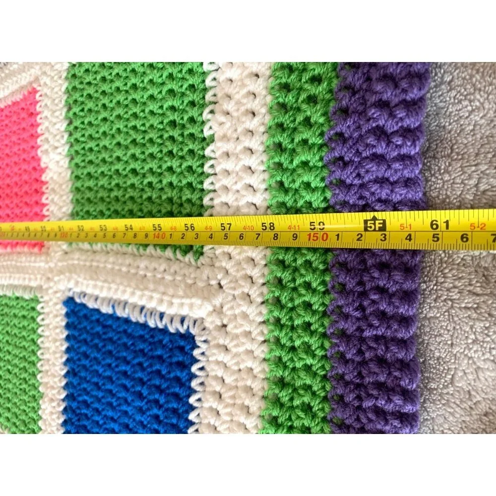 Handmade Vintage Bright Multicolor Crochet Squares Afghan‎ Blanket  48